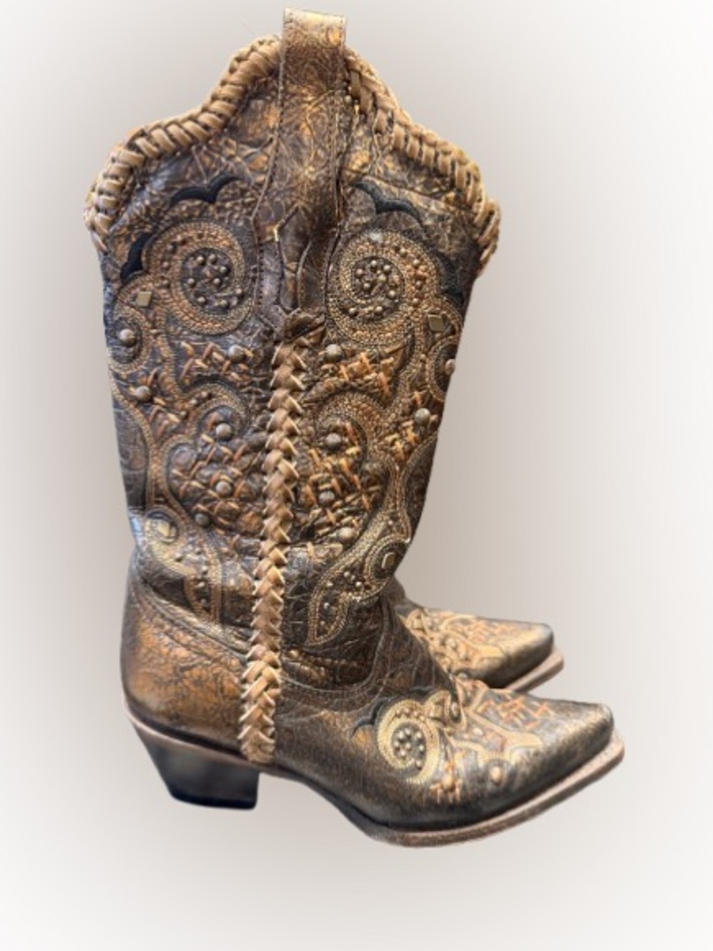 Corral R1217 Bronze Embroidered Studded Leather Cowgirl Boots Snip Toe 6M